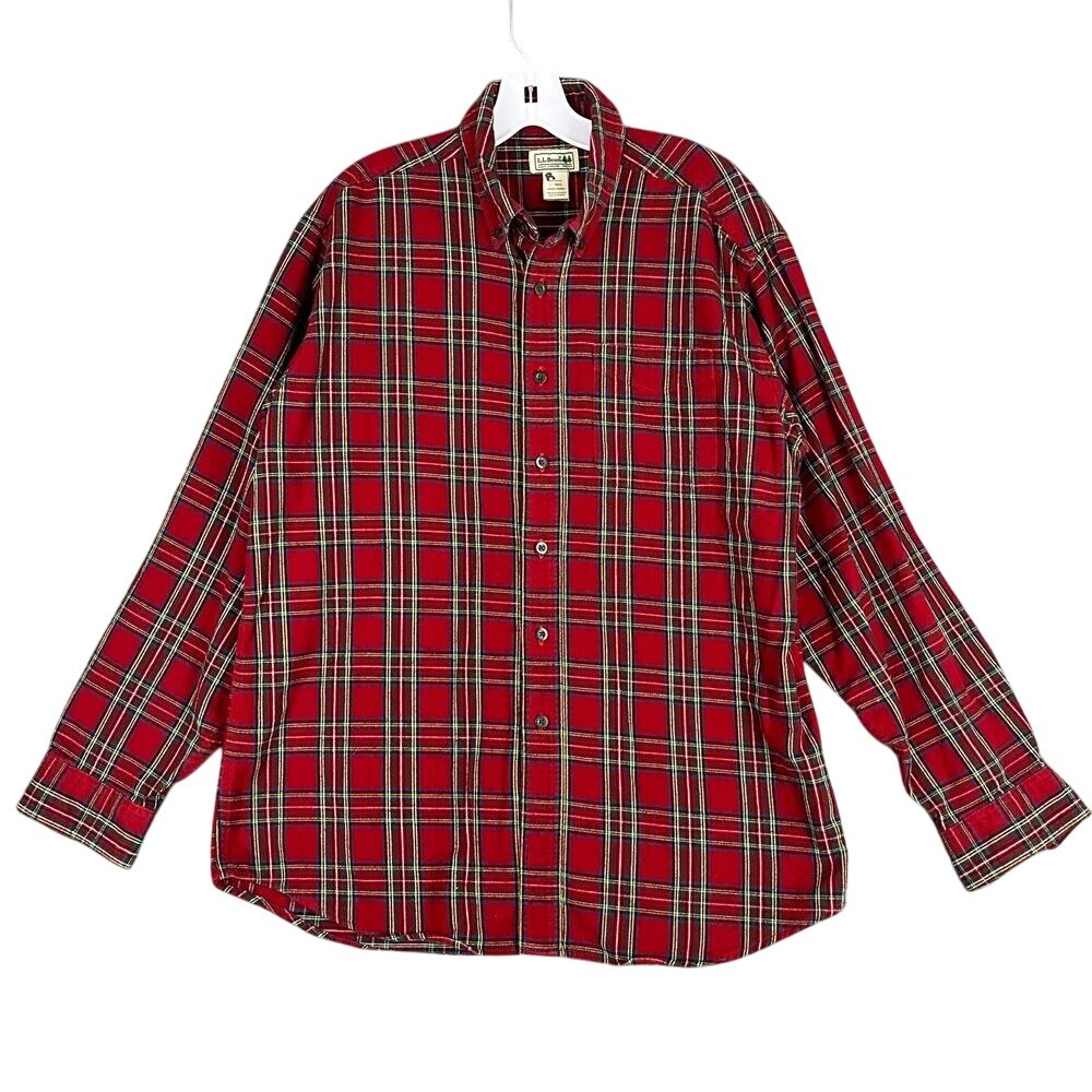 LL Bean L Red Tartan Plaid Flannel‎ Shirt Button Down Long Sleeve Classic Fit